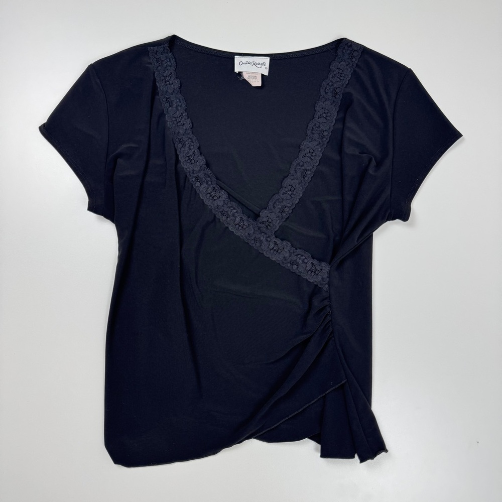Vintage 90’s Y2K Claudia Richard Black Lace Wrap Top Size Medium USA Made Goth